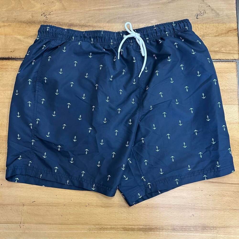 Unbranded Anchor Print Swim Trunks Navy Blue Board Shorts